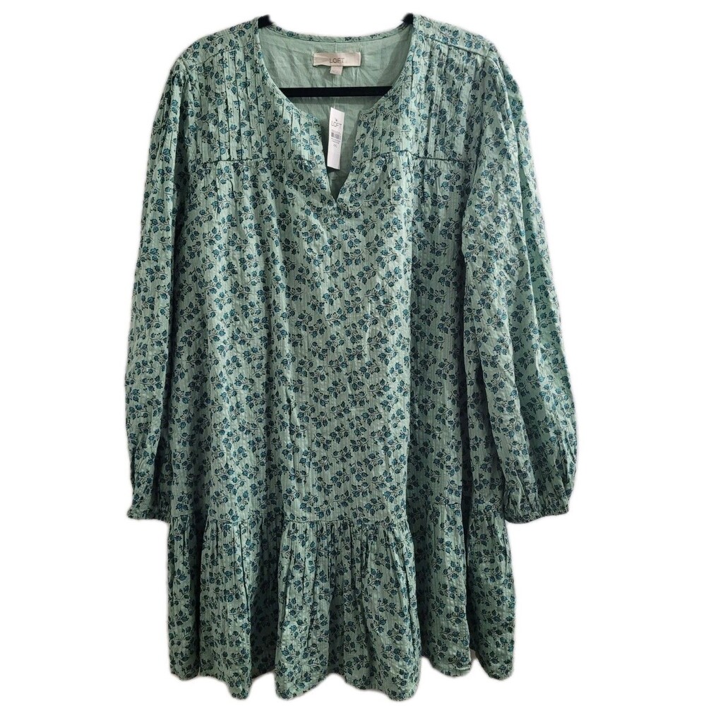 LOFT NWT Plus Size XXL Green Floral Pleated Flounce Mini Dress Spring 2025